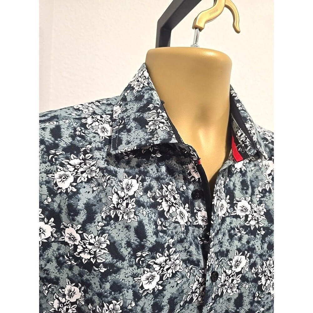 Silver Stone Floral Button Shirt Mens Med Green Long Sleeve Modern Fit Flip Cuff